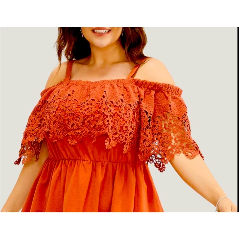Bloomchic Midi Ruffle Dress Womens US 12 Rust Orange Lace Cold Shoulder Cottage